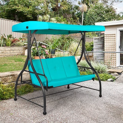 Tangkula 3 Person Porch Swing Hammock Bench Chair Outdoor With Canopy Turquoise/Beige/ Black/Brown/Wine Red 3 Tangkula 3 Person Porch Swing Hammock Bench Chair Outdoor With Canopy Turquoise/Beige/ Black/Brown/Wine Red