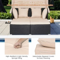 Tangkula Outdoor Wicker Lounge Daybed Hand-Woven PE Rattan Patio Loveseat Sofa Set With Retractable Canopy & 2 Side Tables With Soft Cushions Beige -Beauty house GUEST e98675a6 60f8 4f36 a1d0 85b7eeaeda6d