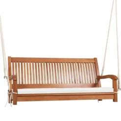 Tangkula 2-Seat Patio Hanging Wooden Porch Swing Bench W/ Cushion -Beauty house GUEST e991601a b21a 4da2 991b 4344f374687e