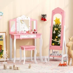 Tangkula Kids Jewelry Armoire Cabinet Freestanding Full Length Dressing Mirror With Large Capacity Pink/White -Beauty house GUEST eba9aa61 1c81 40ae 8375 b428ecfc5b19