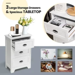 Tangkula End Table Nightstand Bedroom Storage W/ 3 Drawers & Wood Slide White -Beauty house GUEST ebca7f6b 57a5 466c 9416 2aff565523ea