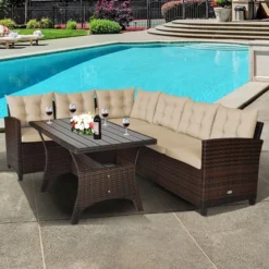 Tangkula 3PCS Rattan Dining Sofa Set W/6 Cushioned Seats Patio Furniture