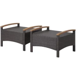 Tangkula Outdoor PE Wicker Ottoman Set Of 2 Patio Rattan Footrest Seat With Soft Cushions & Curved Acacia Wood Handles Beige/Navy Blue/Red/Off White -Beauty house GUEST ed35e9a6 0418 43e6 991b 9a13c752b6ef