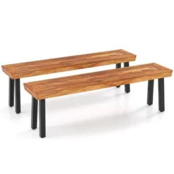 Tangkula Outdoor Acacia Wood Benches Set Of 2 W/ Slatted Top & Flared Metal Legs -Beauty house GUEST ed67ee2d c2ff 4b57 95a7 a4cd4f3d110b