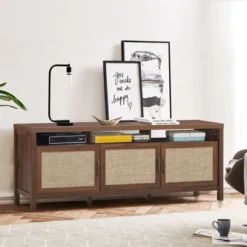 Tangkula Universal TV Stand Cabinet Television Media Console With 3 Rattan Doors Grey Oak Walnut