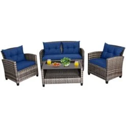 Tangkula 4PCS Rattan Furniture Set Coffee Table Cushioned Sofa Garden Lawn Patio Navy -Beauty house GUEST ef305710 5ea6 4037 834d 907fd7d0f617