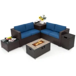 Tangkula 6 Piece Patio Sofa & Fire Table Set Outdoor Rattan Sectional Sofa Set W/ Storage Box Navy -Beauty house GUEST ef6fada2 8cfb 4488 80fa 495ed3f8e122