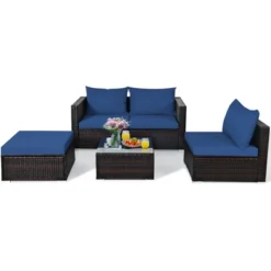 Tangkula 5PCS Cushioned Rattan Patio Conversation Set W/ Ottoman Navy Cushion -Beauty house GUEST f04aaa52 44f4 4d36 b4ee 9e357d9702d6