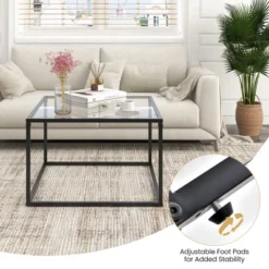 Tangkula Glass Coffee Table 27.5 Inch Modern Square Metal Frame Living Room Transparent -Beauty house GUEST f0aa34c3 5896 4639 9287 4f7d9f6c7117