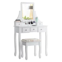 Tangkula Rotatable Mirror Vanity Set Makeup Dressing Table And Stool W/ 5 Drawers