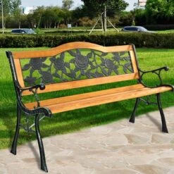 Tangkula Garden Cast Iron Bench Porch Path Loveseat Hardwood Chair For Patio Park -Beauty house GUEST f1669756 dcdb 480b bcc6 2859636e83b1