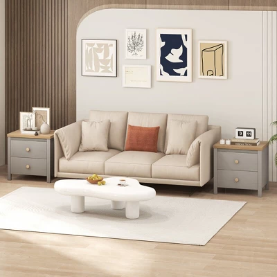 Tangkula 2 PCS Nightstand Farmhouse Side End Table W/ Solid Wood Legs & 2 Drawers 4 Tangkula 2 PCS Nightstand Farmhouse Side End Table W/ Solid Wood Legs & 2 Drawers - Image 2