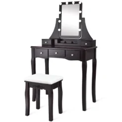 Tangkula LED Vanity Table Makeup Dresser Desk W/Drawers &Cushioned Stool Black/Brown/White -Beauty house GUEST f1e23b87 a27b 43fd 85b2 b6378d08cc3e