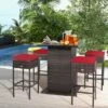 Tangkula Tangkula 5PCS Patio Bar Set Rattan Bar Furniture Set W/ Table & 4 Cushioned Stools Red