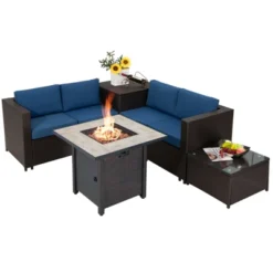 Tangkula 5-Piece Patio Furniture Set With 30 Inches Gas Fire Pit Table Outdoor PE Wicker Sectional Sofa Set With Cushions Red/Beige/Navy/Turquoise -Beauty house GUEST f2e38a81 58e2 4245 b9e4 91ffb65e3e9b