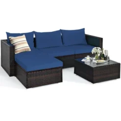 Tangkula 5PCS Cushioned Rattan Patio Conversation Set W/ Ottoman Navy Cushion -Beauty house GUEST f340d46e 73ac 4c6b a1be a59dfa6b4307