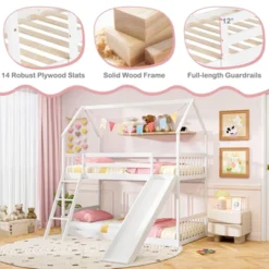 Tangkula Twin Over Twin House Bunk Bed W/ Slide Solid Wood Low Bunk Bed For Kids White -Beauty house GUEST f3c57e03 4b10 4ea8 8265 55db7a6ca367