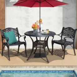 Tangkula 36" Outdoor Dining Table Round Cast Aluminum Patio Dining Table With Umbrella Hole And Adjustable Non-Slip Foot Pads -Beauty house GUEST f46b412b db40 408e bb50 2242d4218e33