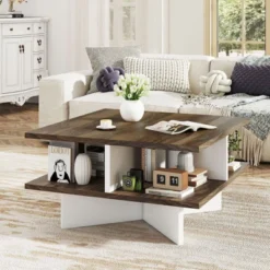 Tangkula 2-Tier Square Coffee Table W/ Storage Farmhouse Modern Accent Table Center Table -Beauty house GUEST f46fb434 a127 4706 b289 8aa1bf033228