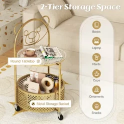 Tangkula 2-Tier Mobile Glass Coffee Table W/ Bear Pattern Storage Basket -Beauty house GUEST f4f53f42 9592 477a a787 e177209c3eb1