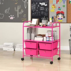 Tangkula 4-Drawer Rolling Storage Cart With 2 Shelves Mobile Utility Cart With Removable Drawers And Metal Frame With Lockable Wheels Pink -Beauty house GUEST f53aa89e 566d 4d8c 8955 11830181723e