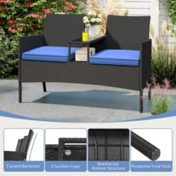 Tangkula Outdoor Rattan Loveseat 2-Seat Patio Conversation Set With Built-in Coffee Table Cushions Wicker Bench Furniture Blue -Beauty house GUEST f5fbfc4b 10af 467f 8c88 82a2bc79211b