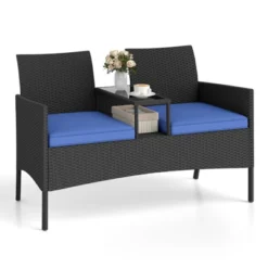 Tangkula Outdoor Rattan Loveseat 2-Seat Patio Conversation Set With Built-in Coffee Table Cushions Wicker Bench Furniture Blue -Beauty house GUEST f60fd16a a088 4878 80c7 14260cb5434c