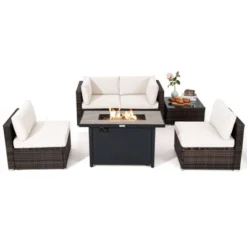 Tangkula 6 Pieces Outdoor PE Rattan Wicker Sectional Sofa With 42" 60,000 BTU Gas Fire Pit Table, Patio Conversation Set With Tempered Glass Coffee Table Black/Navy Blue/Red/Turquoise/Off White -Beauty house GUEST f647d7f4 beac 4afc a605 5d1edf65457e