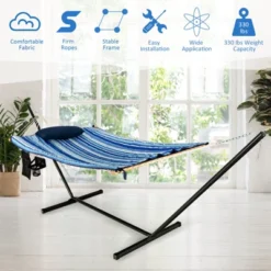 Tangkula 12Ft Hammock With Heavy-Duty Steel Stand, Woven Hammock Chair Set, Portable Hammock With Beech Wood Bar & Cotton Mat -Beauty house GUEST f66cfd34 8a9b 4575 97e8 2897605aa129