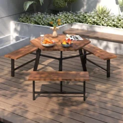 Tangkula 6 Person Acacia Wood Picnic Table Bench Set W/3 Seats Umbrella Hole Metal Frame -Beauty house GUEST f6d6f9b8 117d 4ce1 b344 494950ca7d3f