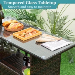 Tangkula 3PCS Wicker Bar Set Height Table 2 Stools W/3 Rows Stemware Racks Garden Patio -Beauty house GUEST f6fb425d 98f3 4841 a8ea 7e656c96d912