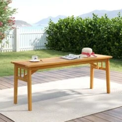 Tangkula Acacia Wood Outdoor Bench 48" Long Backless Wooden Picnic Bench W/ Slatted Seat
