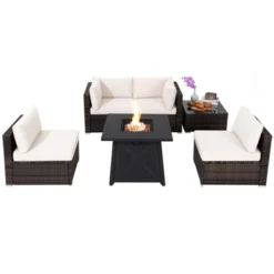Tangkula 6-Piece Patio Furniture Set W/ 30" Propane Fire Pit Table Outdoor PE Wicker Conversation Set W/ Cushions &Tempered Glass Coffee Table -Beauty house GUEST f86c4840 e431 4bfb 8044 eaecf2ed976d