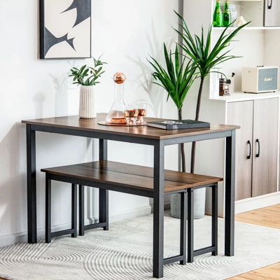 Tangkula 3pcs Dining Table Set For 4 Modern Industrial Counter Height Kitchen Table Set With 2 Benches For Dining Room Natural/Brown 4 Tangkula 3pcs Dining Table Set For 4 Modern Industrial Counter Height Kitchen Table Set With 2 Benches For Dining Room Natural/Brown - Image 2