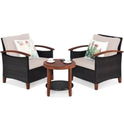 Tangkula 3-Piece Patio Rattan Bistro Set Acacia Wood Frame Sofa And Side Table -Beauty house GUEST f98456ac e4ac 42be 82c5 29d609e630cf