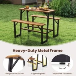Tangkula Acacia Wood Picnic Table 4-Person Outdoor Table And Bench Set With 2 Built-in Benches Footrests Umbrella Hole Heavy-Duty Metal Frame -Beauty house GUEST f9c19b7a ac86 40d3 b0c5 ecbdd404b2bc