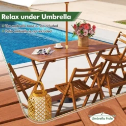 Tangkula 54.5" X 27.5" Patio Dining Table W/ Teak Painting 2" Umbrella Hole For Balcony -Beauty house GUEST fab3eee0 d9e0 47db 9c55 1cc50fc618f5
