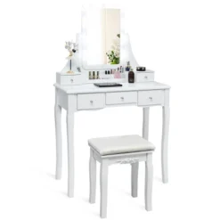 Tangkula LED Vanity Table Makeup Dresser Desk W/Drawers &Cushioned Stool Black/Brown/White -Beauty house GUEST fb0ec937 831b 4c02 8a3f b273b80feb38
