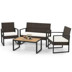 Tangkula Set Of 4 PE Rattan Patio Conversation Set Outdoor Porch Chairs Loveseat With Coffee Table And Soft Cushions Metal Frame -Beauty house GUEST fb409e24 0a79 42fc 83e0 e7d7798945a0
