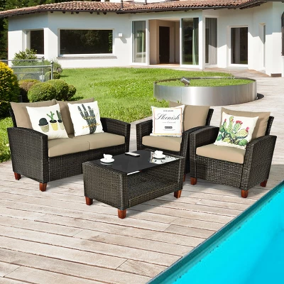 Tangkula 4PCS Cushioned Rattan Conversation Set W/ Coffee Table Patio Outdoor 5 Tangkula 4PCS Cushioned Rattan Conversation Set W/ Coffee Table Patio Outdoor - Image 3