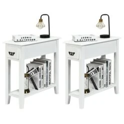 Tangkula Set Of 2 White 2 Tier Narrow Nightstand End Bedside Sofa Side Table W/ Drawer & Shelf -Beauty house GUEST fd6c41b5 d7a3 4e05 8e32 135ecdb8ed91