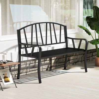 Tangkula 51" Metal Garden Bench Patio Slatted Bench For 2-3 People & Park-Style Loveseat 3 Tangkula 51" Metal Garden Bench Patio Slatted Bench For 2-3 People & Park-Style Loveseat