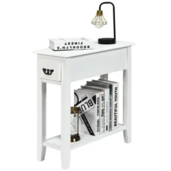 Tangkula White 2 Tier Narrow Nightstand End Bedside Sofa Side Table With Drawer And Shelf -Beauty house GUEST fe365cef 2078 4ec2 b5d6 99d4f9679fa4