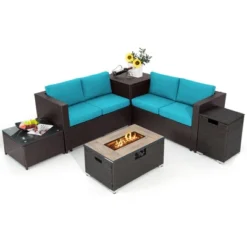 Tangkula 6 Piece Patio Sofa & Fire Table Set Outdoor Rattan Sectional Sofa Set W/ Storage Box Turquoise -Beauty house GUEST fec0af95 0001 46a5 9bc5 845dbef9c3d8