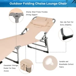 Tangkula Portable Beach Chaise Lounge Chair Folding Reclining Chair W/ Facing Hole Beige -Beauty house GUEST fedb6edf b76f 4879 b4a6 78bf18dcc9cc