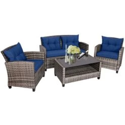 Tangkula 4PCS Rattan Furniture Set Coffee Table Cushioned Sofa Garden Lawn Patio Navy -Beauty house GUEST fee2b442 5a1d 49a0 bbcd a302d42c4d58
