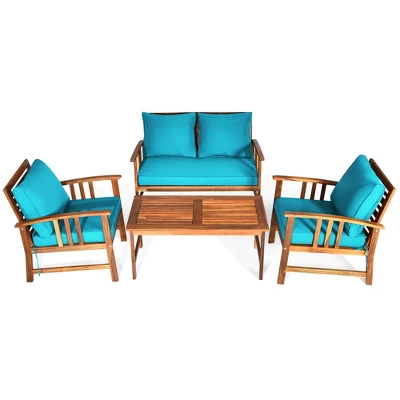 Tangkula 8pcs Wooden Patio Furniture Set Table & Sectional Sofa W/ Turquoise Cushion 9 Tangkula 8pcs Wooden Patio Furniture Set Table & Sectional Sofa W/ Turquoise Cushion - Image 7